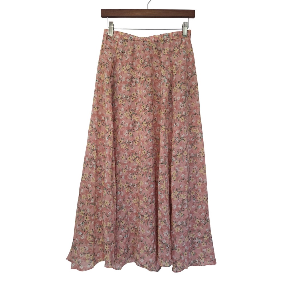 Max Studio Midi Skirt Textured Crepe Elastic Waist Women Small Pink Floral NWOT